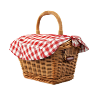 A classic wicker picnic basket with a red checkered cloth sitting on a transparent background, perfect for outdoor gatherings, Picnic basket isolated on transparent background png