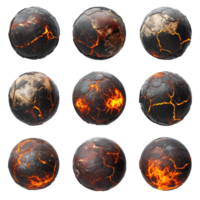 Charred celestial bodies with fiery cracks, depicting the aftermath of burnt planets in an abstract, Set Burnt Planets, Charred Celestial Bodies with Fiery Cracks, Isolated on transparent background png