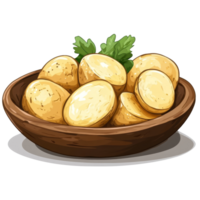 Freshly prepared potato slices arranged on a wooden plate with a garnish on a transparent background, potato in plate isolated on transparent background png