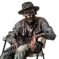A menacing zombie in a hat sitting on a chair, showcasing its eerie features in a dimly lit environment, Scary zombie wearing hat and sitting in a chair on transparent background png