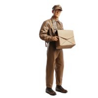 A mailman in a uniform holding a package stands against a transparent background during daylight, Mailman isolated on transparent background png