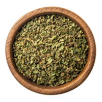 Dried oregano spice in a wooden bowl on a clean transparent background showcasing natural culinary ingredients, Oregano spice in wood bowl on transparent background png