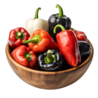A colorful assortment of hot red, black, and transparent peppers in a wooden bowl for a vibrant culinary display, Mixed of peppers hot, red, black, transparent in wood bowl isolated on alpha layer png