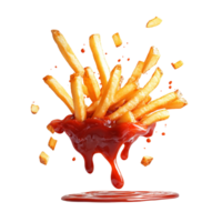 Flying French fries with a splash of ketchup in a clean, isolated setting, showcasing a playful food moment, Flying french fries with ketchup splash isolated png