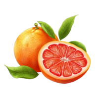Fresh grapefruit with vibrant leaves isolated on a transparent background in natural lighting showcasing its juicy interior, Grapefruit with leaves isolated on transparent background png