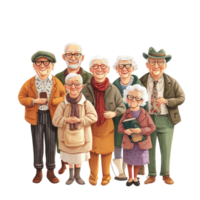 A diverse group of happy elderly individuals posing together in a cheerful gathering on a sunny day, diversified group of happy old people, file of isolated object on transparent background png