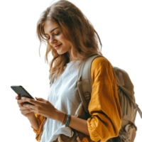 Woman exploring new destinations while using a smartphone during her travels, file no background Woman traveling and using a smartphone png