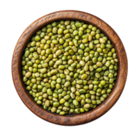 Peeled split mung beans in a wooden bowl isolated on a transparent background, highlighting their rich green color, Peeled split mung beans in wood bowl isolated on transparent background png