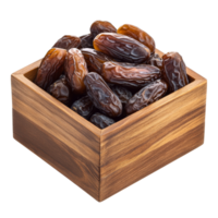 A wooden box filled with fresh dates on a transparent background highlighting natural sweetness and texture, wooden box of date fruitsisolated on transparent background png