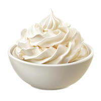 Fluffy whipped cream topping served in a transparent bowl against a clean transparent background for dessert decoration, Fluffy Whipped Cream Topping isolated on transparent background png