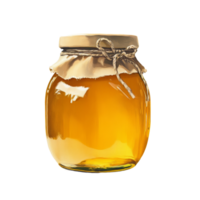 A clear jar of golden honey with a tied cloth cover on a clean transparent background, honey jar on transparent background png