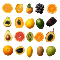 A vibrant collection of fresh organic fruits arranged neatly on a transparent surface, Different types of fresh organic fruits stack on a transparent background png