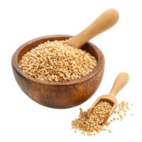 Fresh sesame seeds in a wooden bowl with a scoop on a clean transparent background ready for culinary use, Sesame in wood bowl and scoop isolated on transparent background png