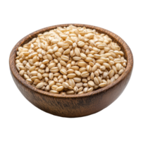 A rustic wooden bowl filled with raw pearl barley grains on a clean transparent background for natural food presentations, Heap of pearl barley in a bowl isolated on transparent background png
