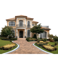 Elegant twostory residential property with landscaped garden and brick pathway in suburban setting, file no background Real estate promotional banner with copy space png