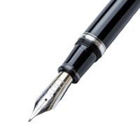 A closeup view of a sleek black fountain pen with a reflective nib resting on a transparent background, showcasing its elegant design and craftsmanship, close up of pen on transparent backgroundfile png