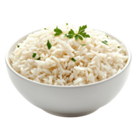 Deliciously cooked jasmine rice in a transparent bowl garnished with fresh herbs on a simple transparent background, Cooked Jasmin Rice in transparent bowl on transparent background png