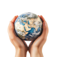 Hands cradling a globe symbolizing global unity and environmental stewardship on a transparent background, earth globe on palm hands isolated on transparent background png