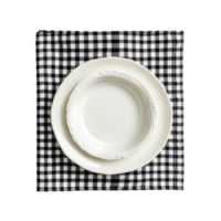 Top view of a checkered tablecloth with transparent plates neatly arranged for a dining experience, Top view checkered tablecloth and plate on transparent backgroundfile png