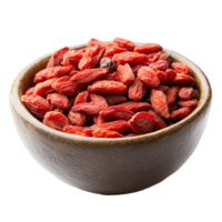 Dried goji berries in a rustic bowl on a clean transparent background for healthy eating and dietary choices, dried goji berries in a bowl on transparent background png