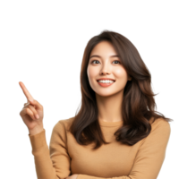 Smiling Asian woman pointing to the side with enthusiasm in a bright studio setting, Asian Smiling woman pointing finger to the side with copy space isolated transparent background png
