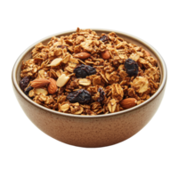 Crunchy honey sweetened granola in a brown bowl on a transparent background ready for a healthy breakfast option, Honeysweetened granola in a bowl on a transparent background png