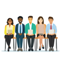 Diverse group of individuals seated and waiting for an interview in a modern office setting, file no background Diverse people waiting for a job interview png