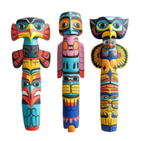 Colorful totem pole figures showcasing intricate designs on a bright transparent background with a vibrant accent, emphasizing indigenous artistry, Colorful Totem Pole Figures on transparent png