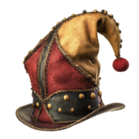 A colorful medieval jester hat with bells and patches isolated on a transparent background, medieval jester hat isolated on transparent background png