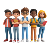 Group of diverse cartoon students ready for school with backpacks and books on a plain transparent background, Group of 3D cartoon student on transparent background png
