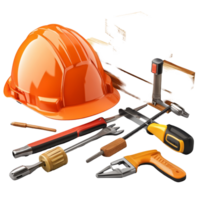 A set of carpentry tools and a safety helmet displayed on wooden planks in a workshop setting, Carpentry tools with safety helmet png