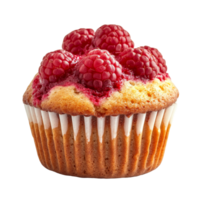 Delicious raspberry muffin topped with fresh berries on a transparent background showcasing vibrant colors, delicious raspberry muffin on transparent background png
