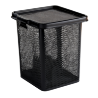 Black square mesh trash can isolated on a transparent background for minimalistic storage solutions, black square mesh trash can isolated on transparent background png