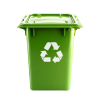 Green recycling trash can with transparent recycle symbol design, ideal for promoting ecofriendly waste disposal practices, square green trash can transparent recycle symbol pattern isolated on png