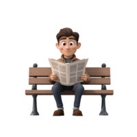 A cheerful cartoon character relaxes on a bench while reading a newspaper in sunlight, 3d cartoon character male reading newspaper on a bench, on transparent background png