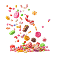 Colorful candies falling in a playful arrangement on a clean transparent background, falling candies isolated on transparent background png