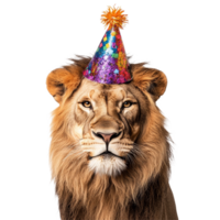 A lion wearing a vibrant party hat stands out against a transparent background, celebrating a festive occasion, Lion with Vibrant Party Hat on transparent background png