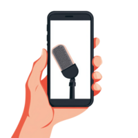 A person holds a smartphone with a microphone displayed on the screen, suggesting communication and creativity, Phone in hand to work on a smartphone with opening speech ntransparent backgroundfile png