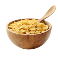 A wooden bowl filled with crunchy corn flakes and a spoon resting on a transparent surface showcasing breakfast simplicity, corn flakes in wood bowl and spoon isolated on transparent background png