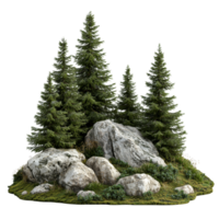 A tranquil spruce forest featuring rocks surrounded by lush greenery on an isolated patch of land, spruce forest with rocks, file of isolated object on transparent background png