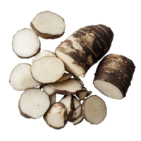 Sliced taro root displayed on a transparent background, showing the texture and color of this versatile ingredient, slice taro root on transparent background png