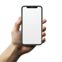 A hand holding a mobile phone mockup with a blank screen ready for customization, Hand holding mobile phone screen mockup, iphone mock up isolated on transparent background png