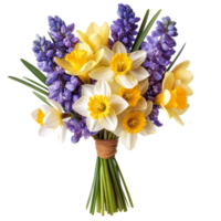 A vibrant bouquet of daffodils, crocuses, and hyacinths brings spring cheer to any setting, Daffodils, Crocuses, and Hyacinths flowers bouquet,isolated transparent background png