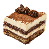Delicious isolated slice of tiramisu cake on a transparent plate with creamy layers and cocoa topping, Isolated slice of tiramisu cake on transparent png