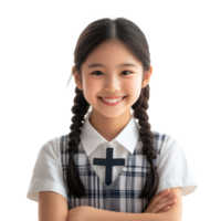Cheerful young Asian student in school uniform poses confidently with arms crossed in a bright classroom setting, Portrait of Happy young Asian student girl in school uniform isolated transparent png