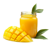 Refreshing sweet mango juice in a glass jar accompanied by fresh mango slices on a clean transparent background, Sweet mango juice in a glass jar on a transparent background png