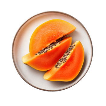 rebanado papaya servido en un plato en contra un limpiar transparente antecedentes para sano bocadillo ideas y recetas, rebanado papaya en plato aislado en transparente antecedentes png