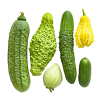 Different varieties of bitter cucumber with unique shapes and colors on a transparent background, balsam apple, balsam pear, bitter cucumber, bitter gourd, bitter melon on transparent background png