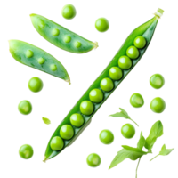Fresh green peas displayed on a transparent background showcasing pods, peas, and fresh leaves in a simple arrangement, Green peas on transparent background png