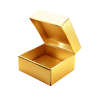 A golden gift box with an open lid on a transparent background, perfect for festive occasions and packaging ideas, Gold open gift box isolated on transparent background png